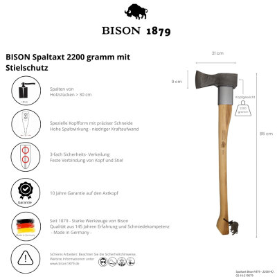 BISON 1879 Spaltaxt 2200g mit Schneid- und Stielschutz