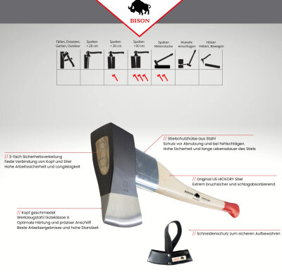 BISON Spaltaxt (2500g) mit 80cm Hickorystiel und Schneidenschutz