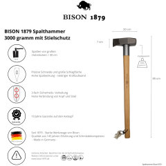 BISON 1879 Spalthammer (3000g) mit 85cm Hickorystiel, Stielschutzhülse und Schneidschutz