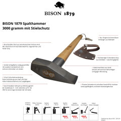 BISON 1879 Spalthammer (3000g) mit 85cm Hickorystiel, Stielschutzhülse und Schneidschutz